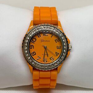 Geneva quartz analog watch orange tone rhinestones 40mm silicone band running